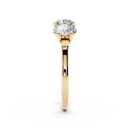 Yellow gold two stone diamond engagement ring, prong setting, side view