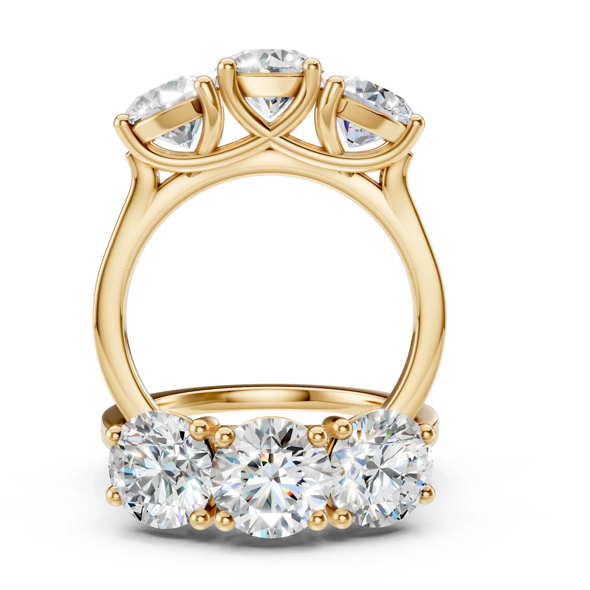 Gold engagement ring with five large round brilliant diamonds in prong settings