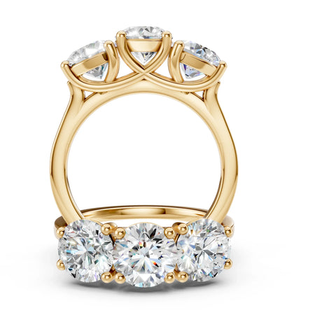 Gold engagement ring with five large round brilliant diamonds in prong settings