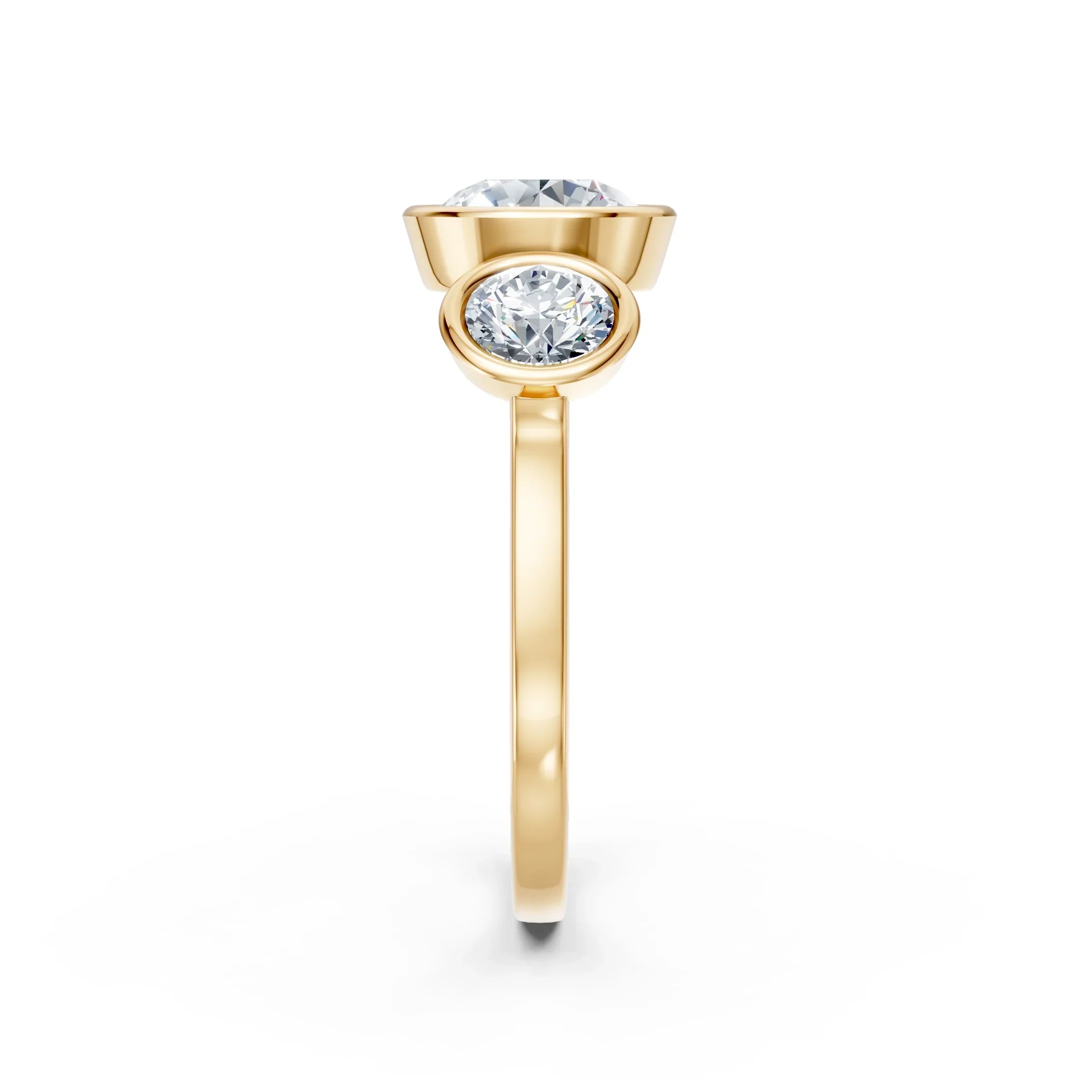 Yellow gold engagement ring with round diamond side view, modern bezel setting