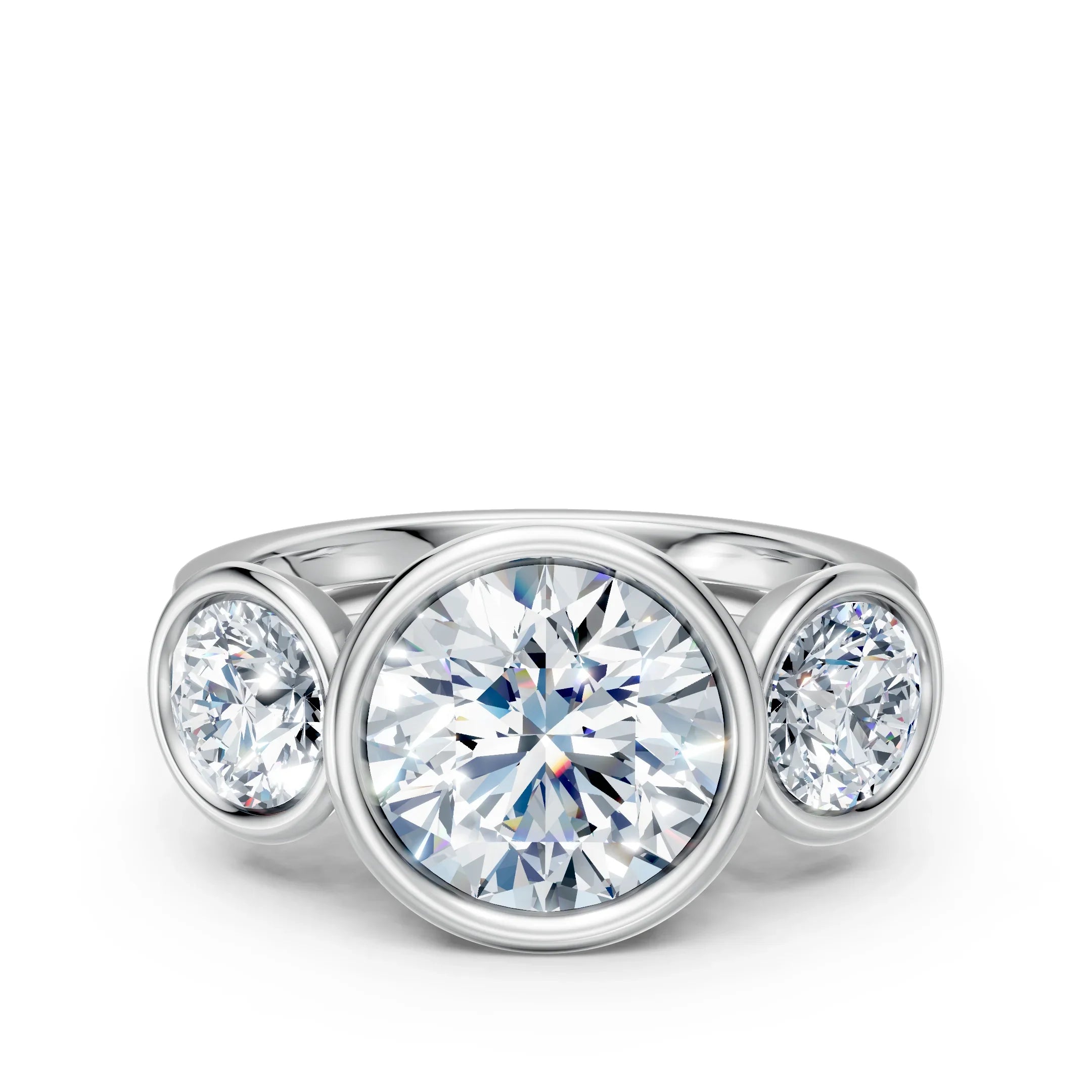 Three stone diamond engagement ring in white gold with round brilliant cut gems