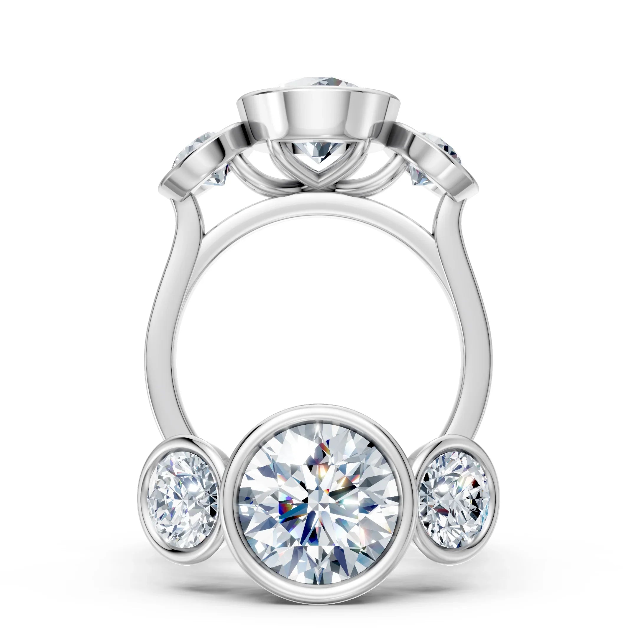 Custom white gold engagement ring with five round brilliant diamonds, modern design