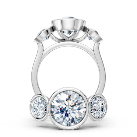 Custom white gold engagement ring with five round brilliant diamonds, modern design