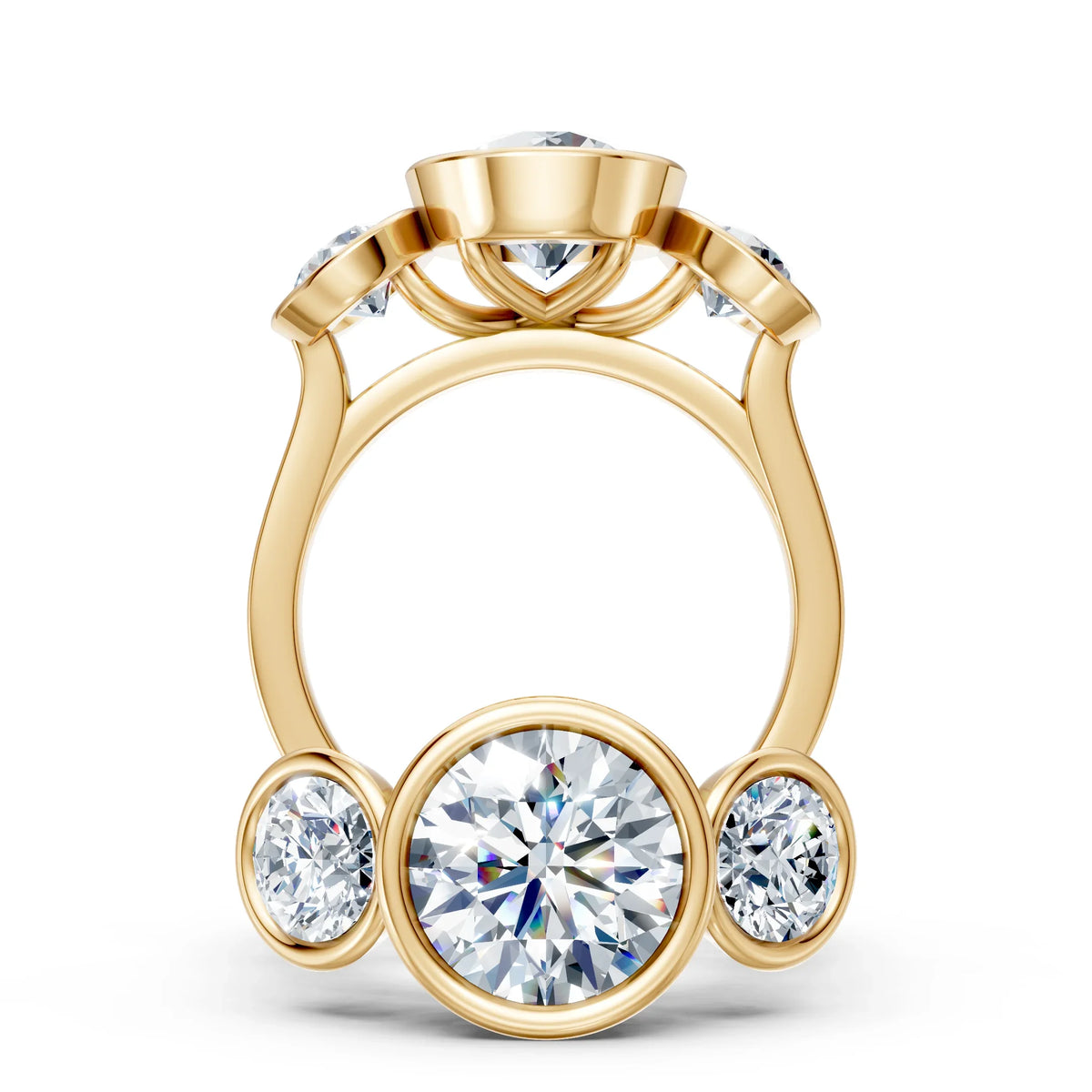 Yellow gold engagement ring with five round-cut diamonds in bezel settings