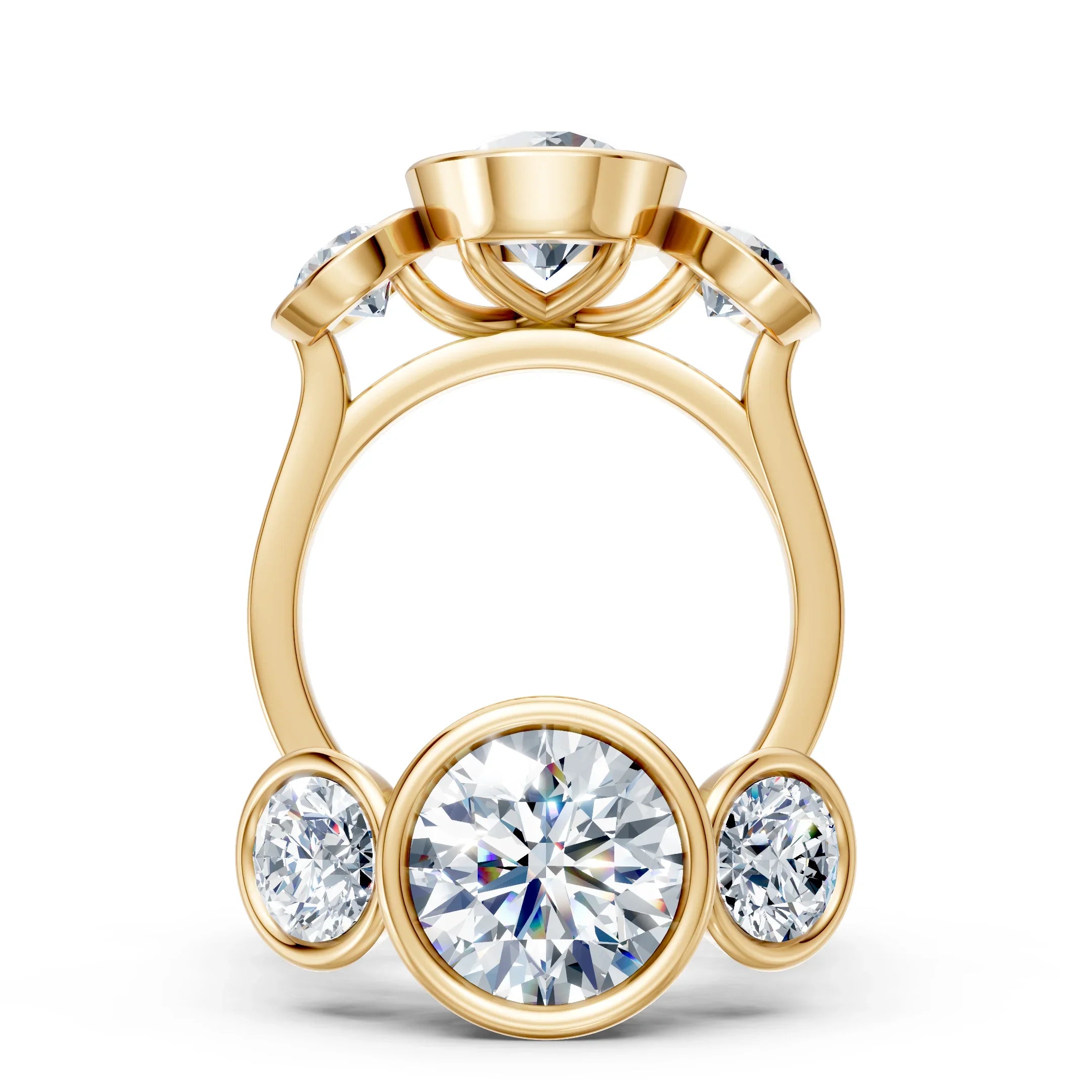 Yellow gold engagement ring with five round-cut diamonds in bezel settings