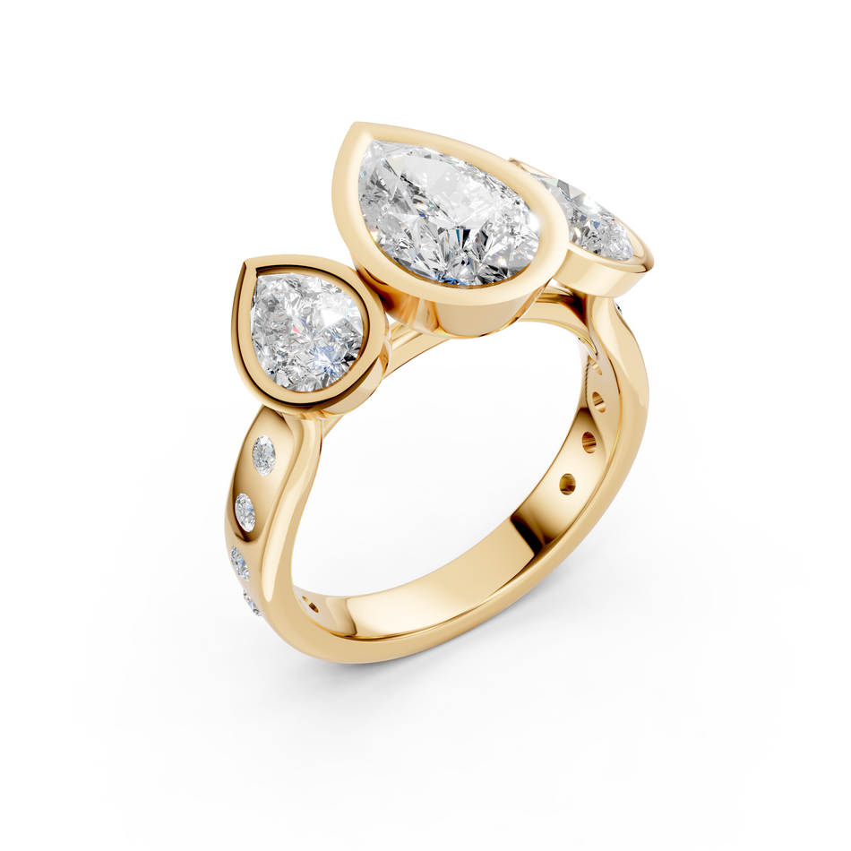Juniper Three Stone Lab Diamond Anniversary Ring, Pear Cut Cathedral Bezel Ring