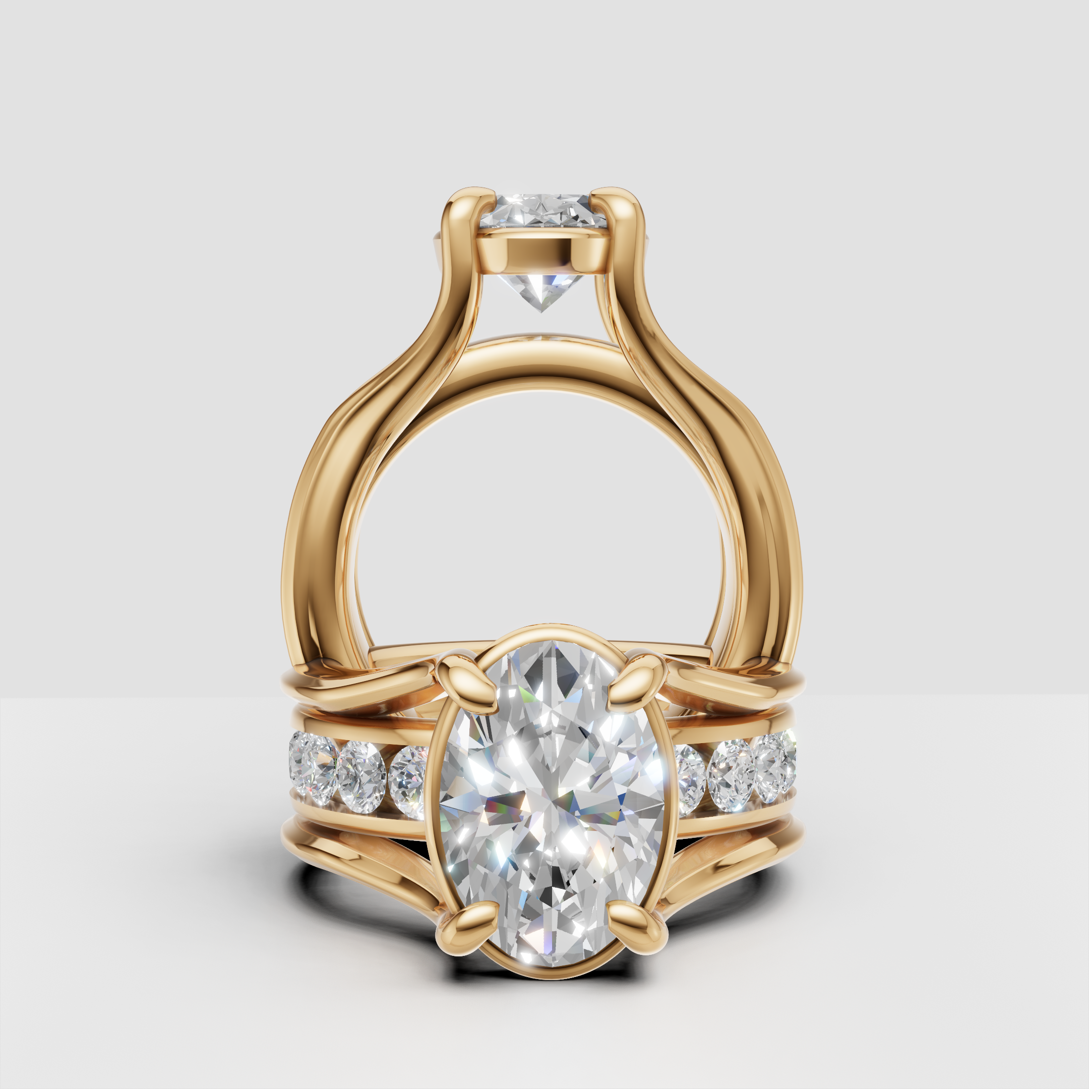 Oval diamond engagement ring with gold band and round side stones, custom jewelry design