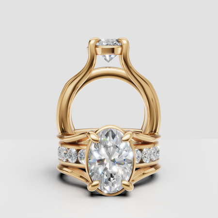 Oval diamond engagement ring with gold band and round side stones, custom jewelry design