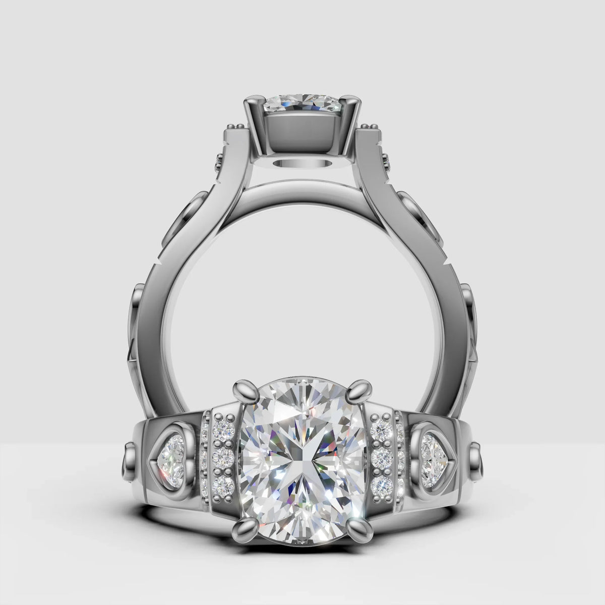 Custom white gold engagement ring with large oval diamond center, accent diamonds on band
