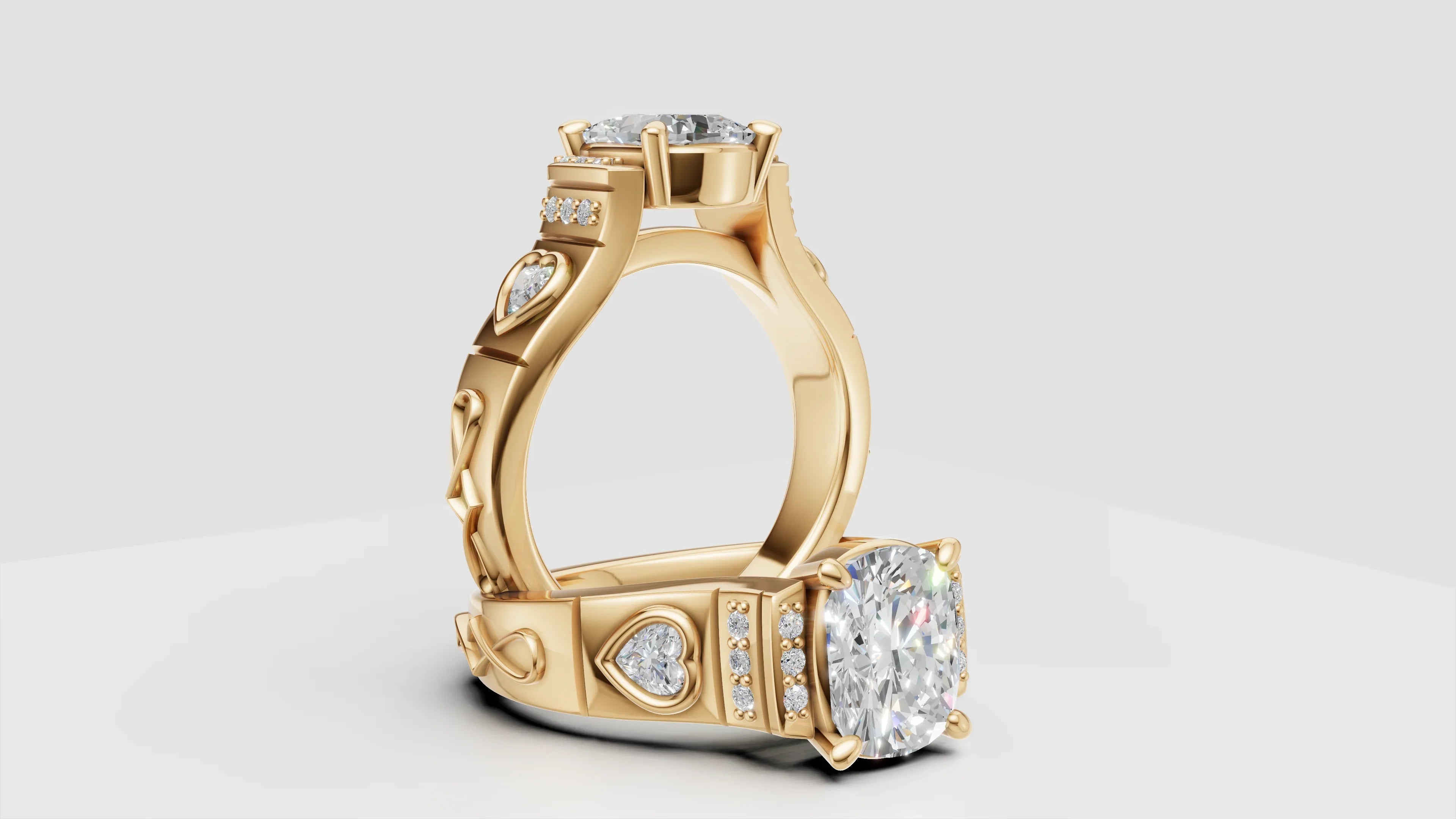 Gold engagement ring with heart-shaped and round diamonds, intricate custom details