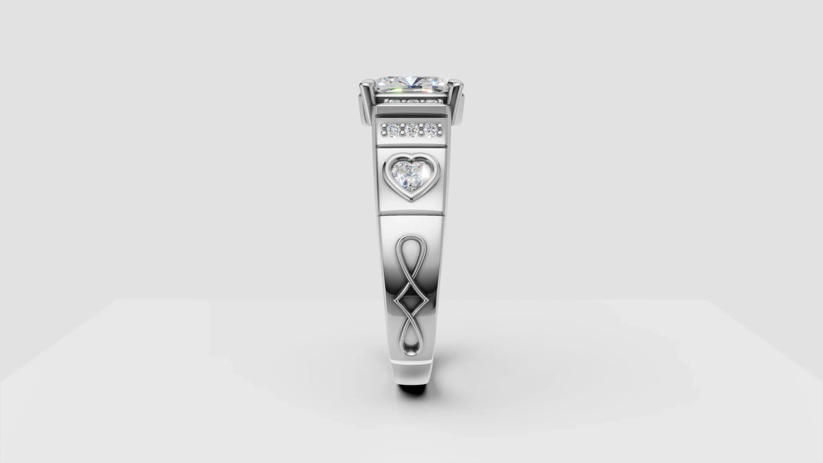 Custom white gold engagement ring with heart-shaped diamond and infinity symbol design