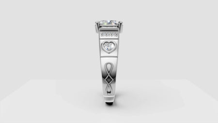 Custom white gold engagement ring with heart-shaped diamond and infinity symbol design