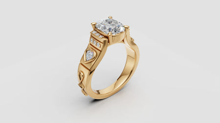 Custom gold engagement ring with cushion-cut center diamond, heart accent and side stones