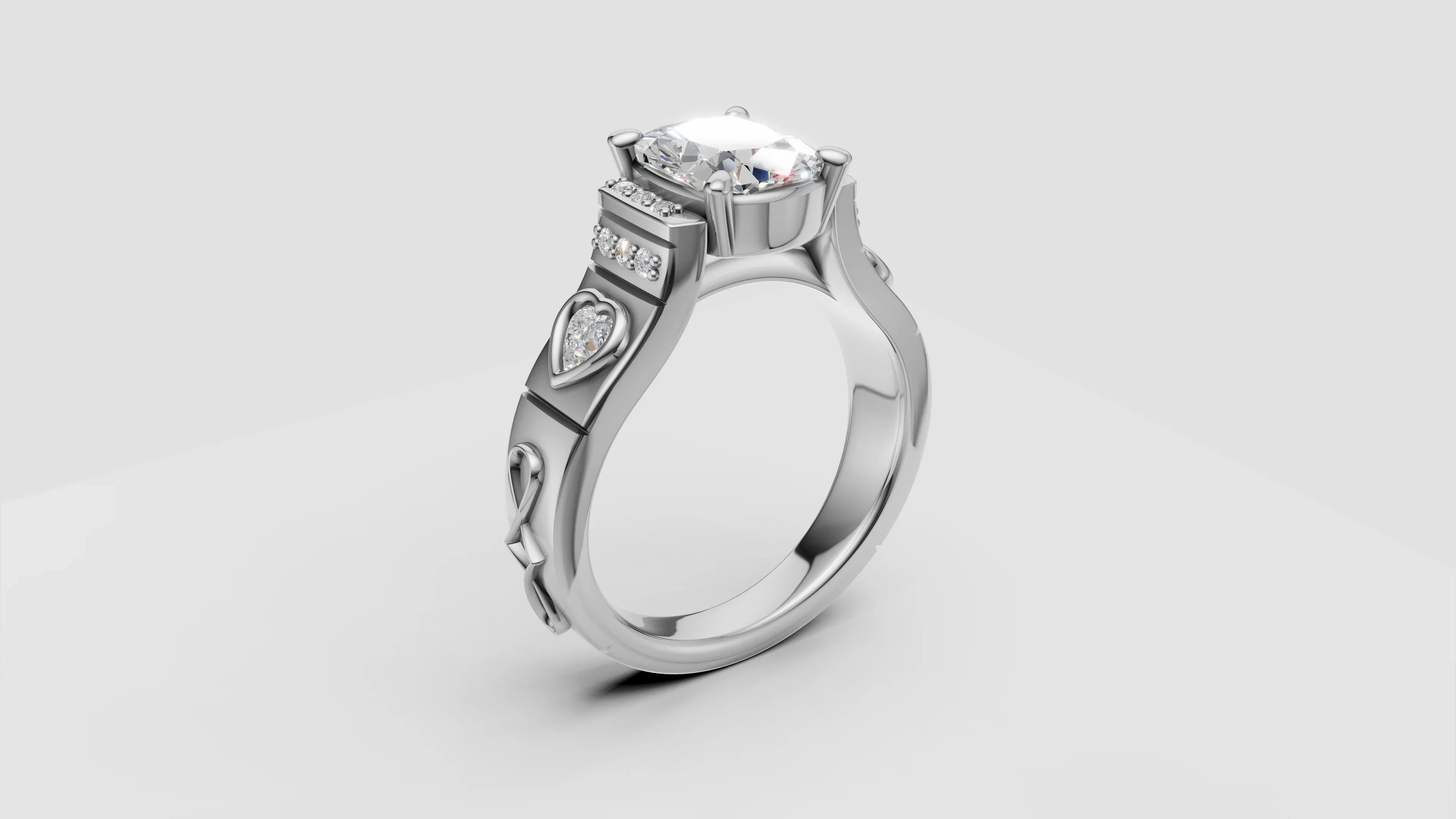 Custom white gold engagement ring with heart-shaped and round diamonds on band