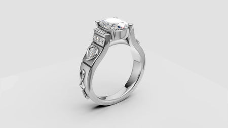 Custom white gold engagement ring with heart-shaped and round diamonds on band