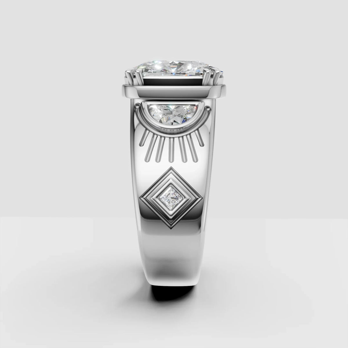 Custom white gold engagement ring with diamond center and geometric side detailing