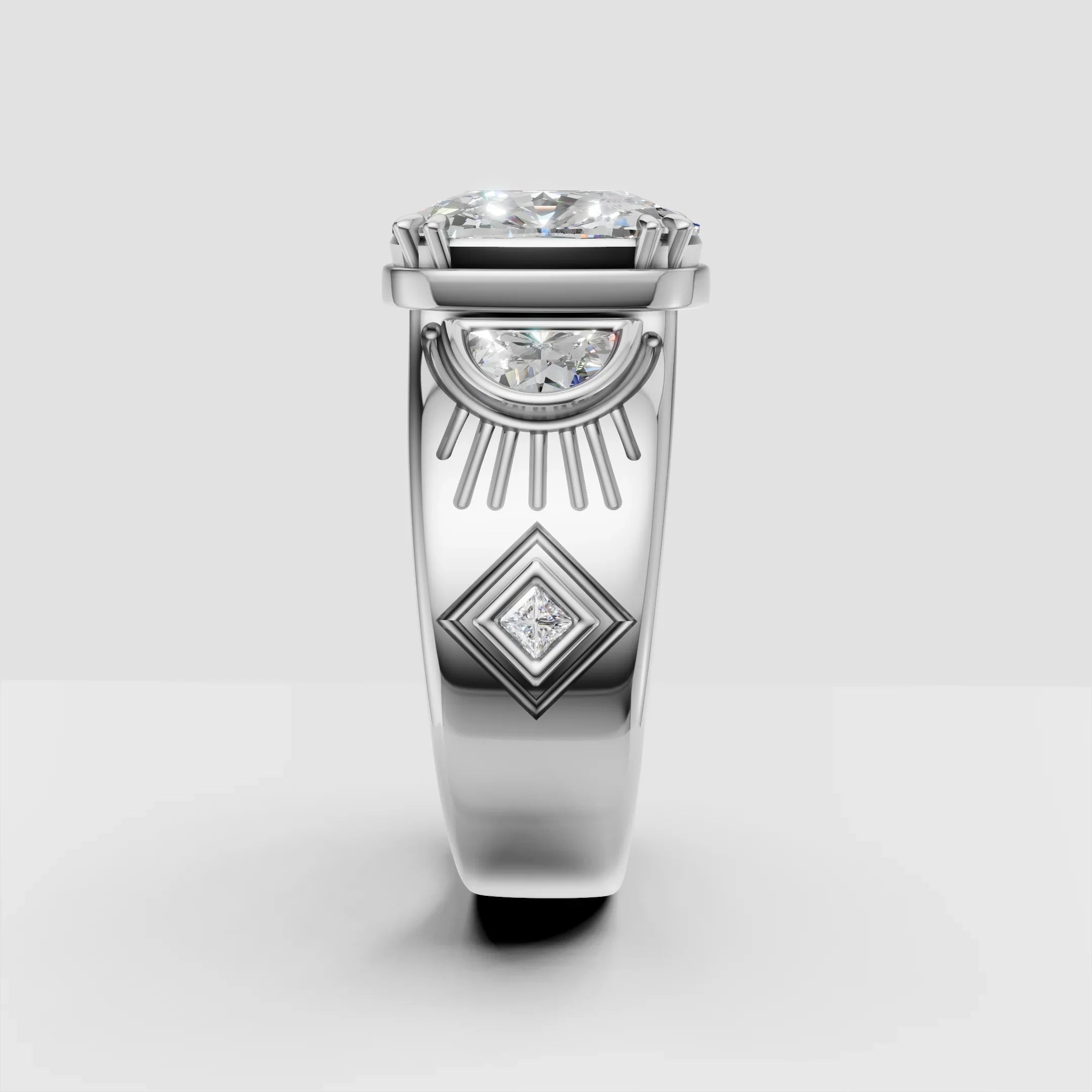 Custom white gold engagement ring with diamond center and geometric side detailing