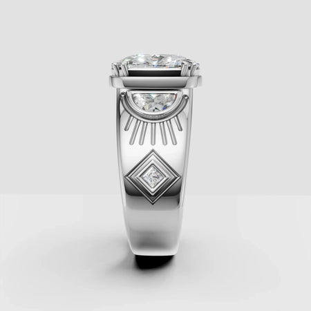 Custom white gold engagement ring with diamond center and geometric side detailing
