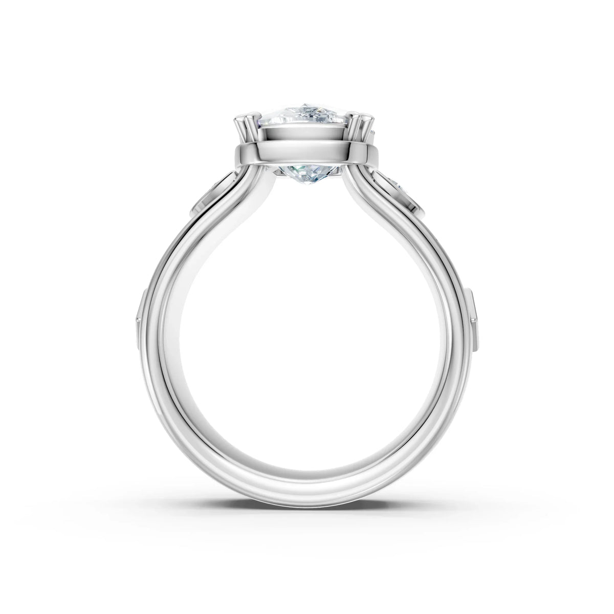 Side view of custom white gold engagement ring with solitaire diamond center stone
