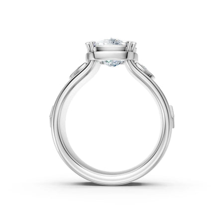 Side view of custom white gold engagement ring with solitaire diamond center stone