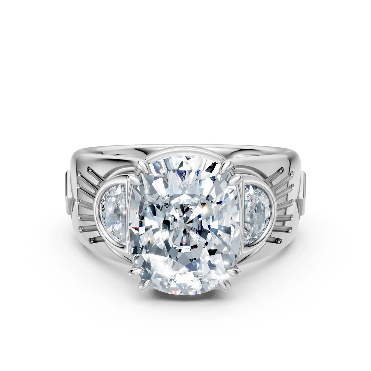 Cushion cut diamond engagement ring with side stones in white gold setting, close-up.