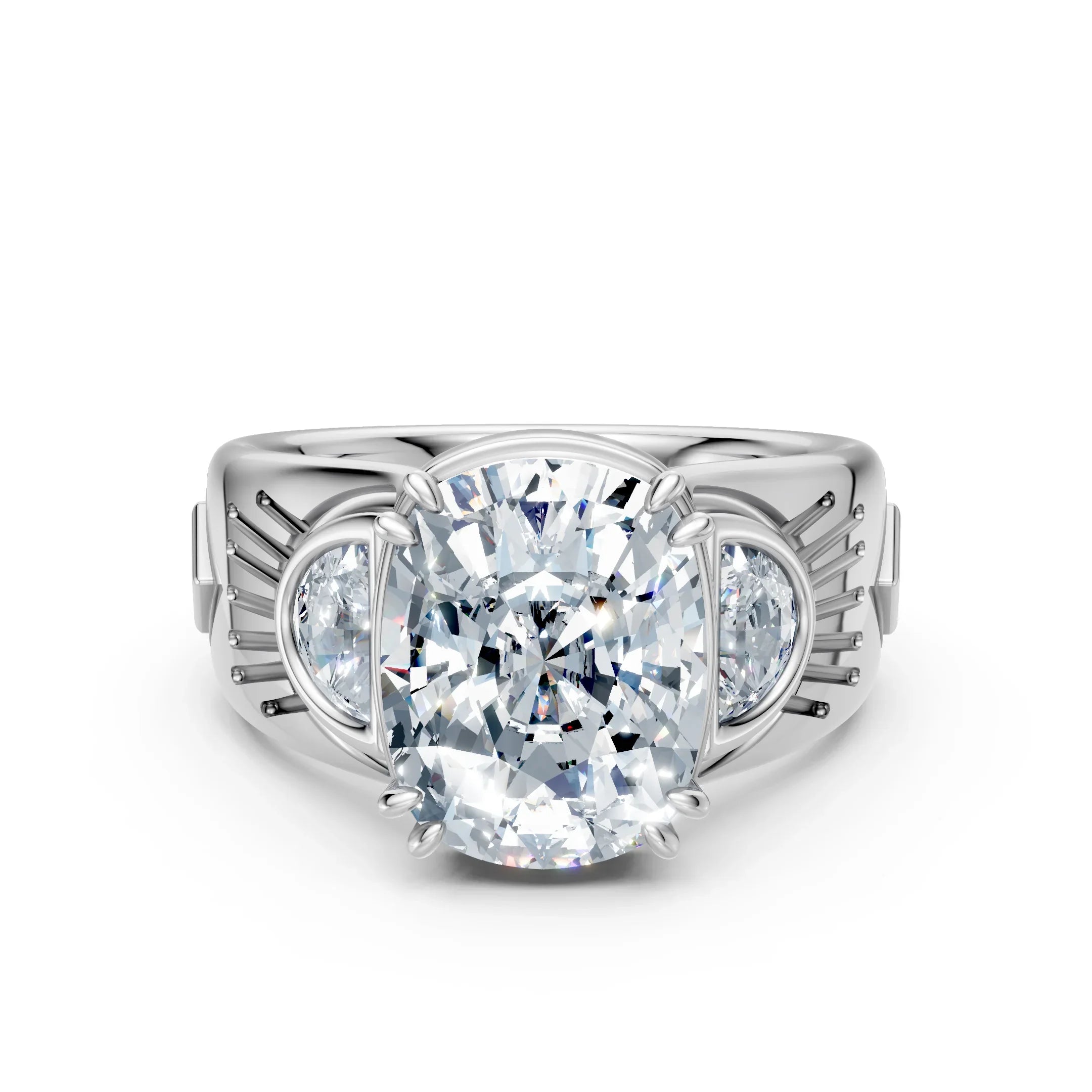 Cushion cut diamond engagement ring with side stones in white gold setting, close-up.