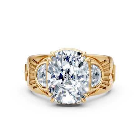 Yellow gold custom engagement ring with large oval center diamond and side accent stones
