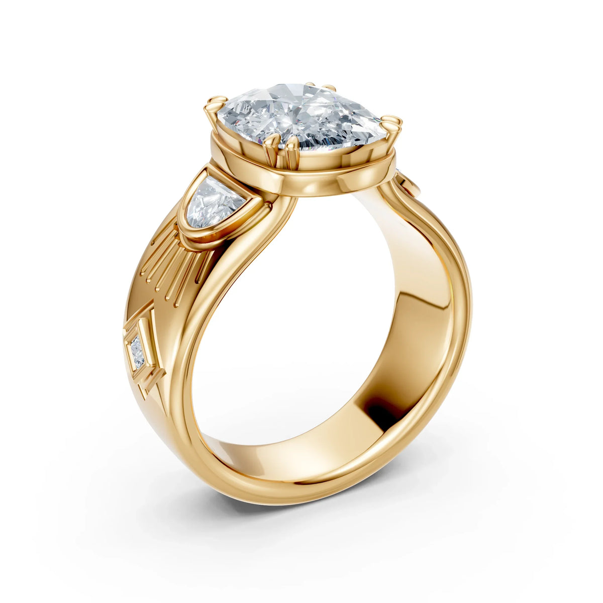 Yellow gold engagement ring with round center diamond and geometric side stones