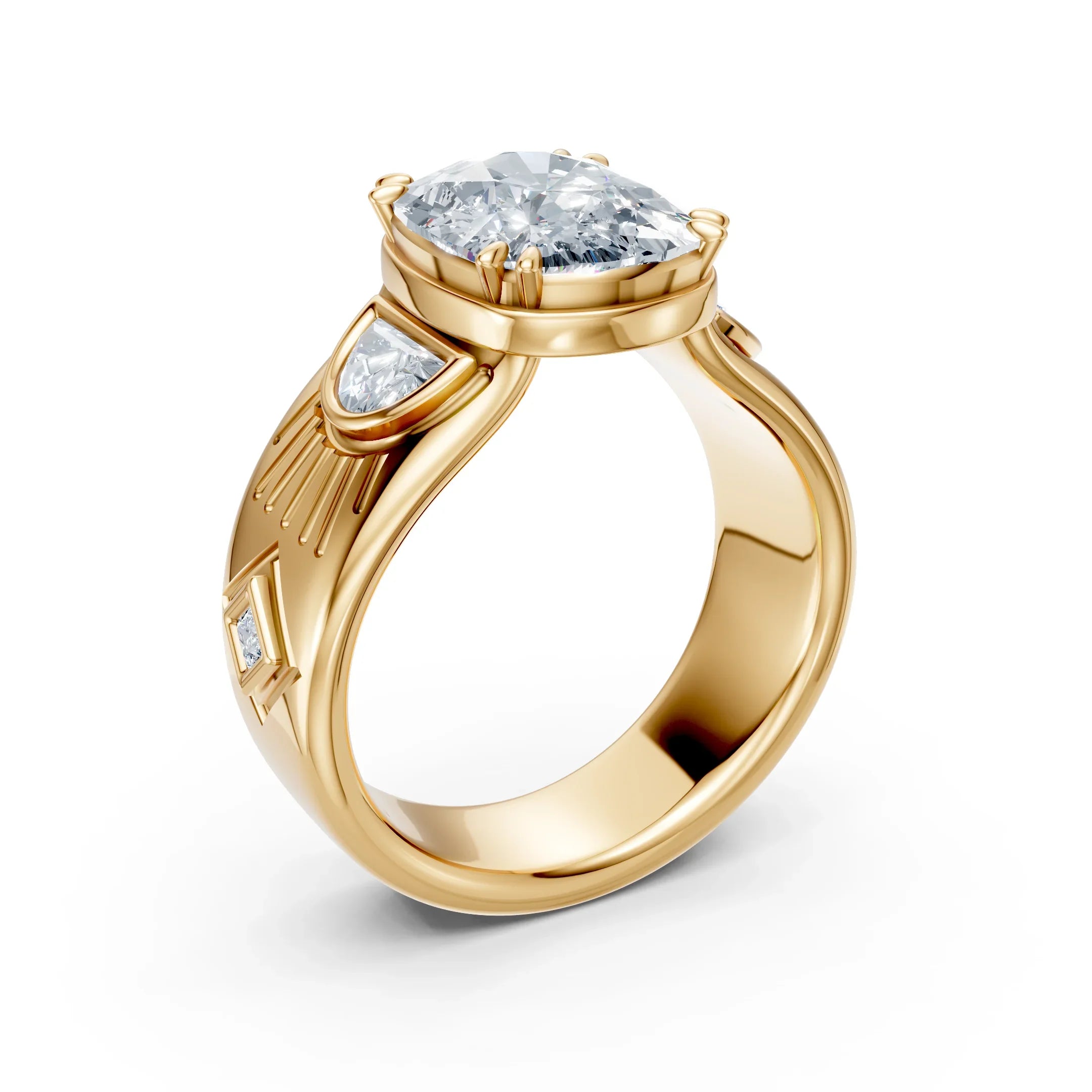 Yellow gold engagement ring with round center diamond and geometric side stones
