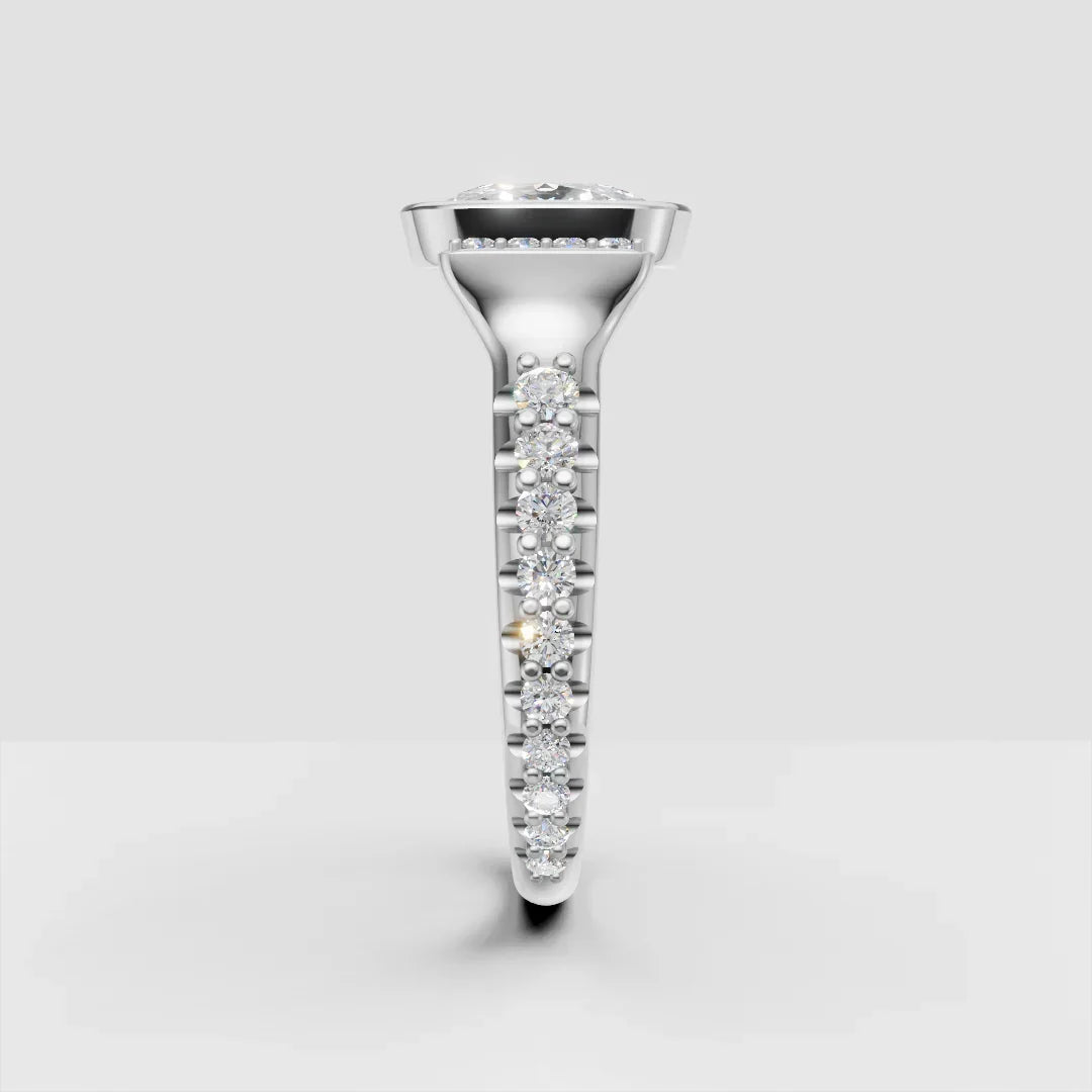 Side view of a custom white gold engagement ring with a round center diamond and diamond band