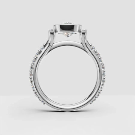 Custom white gold engagement ring with round diamond and pavé band