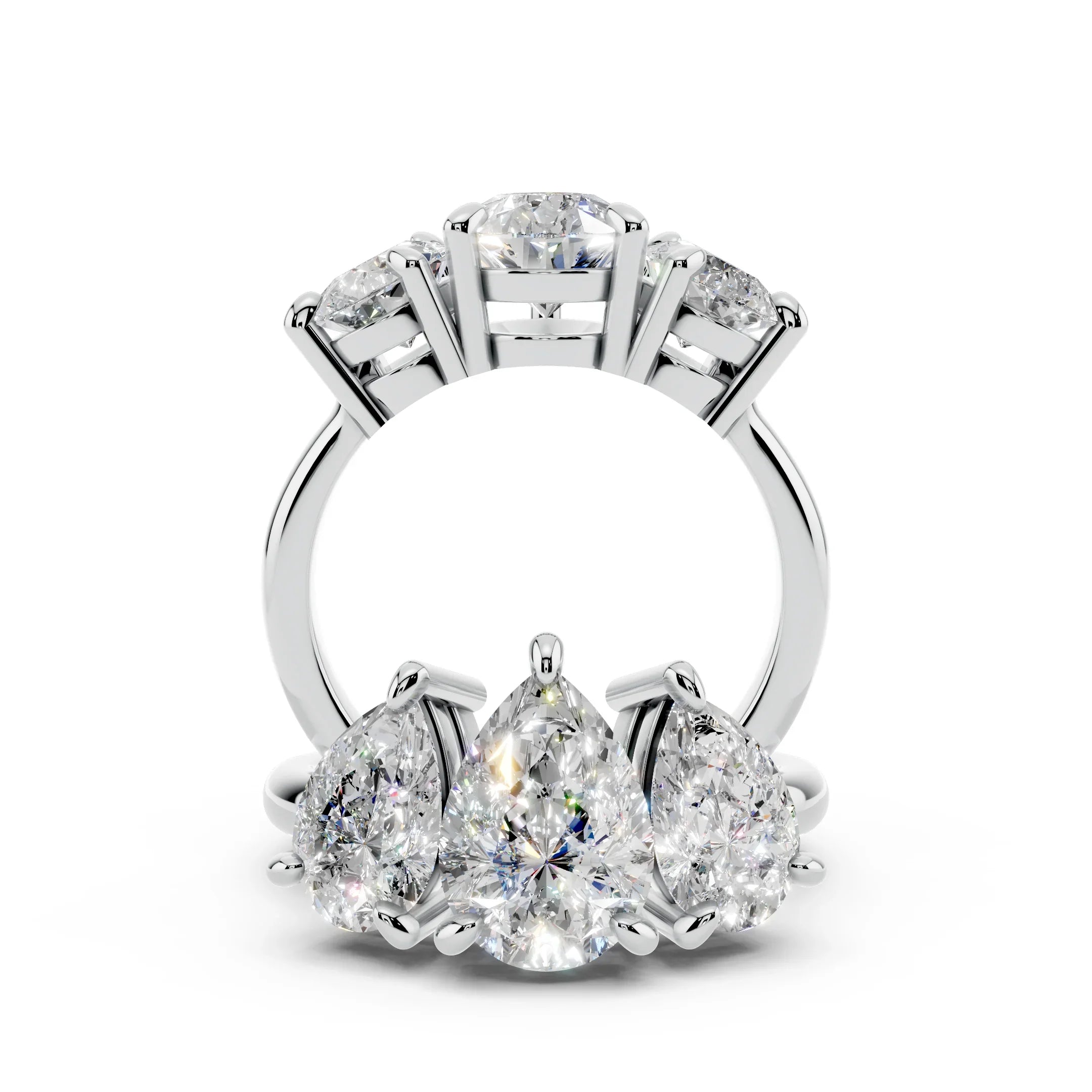 Platinum ring with pear-shaped and round diamonds in a custom engagement ring setting