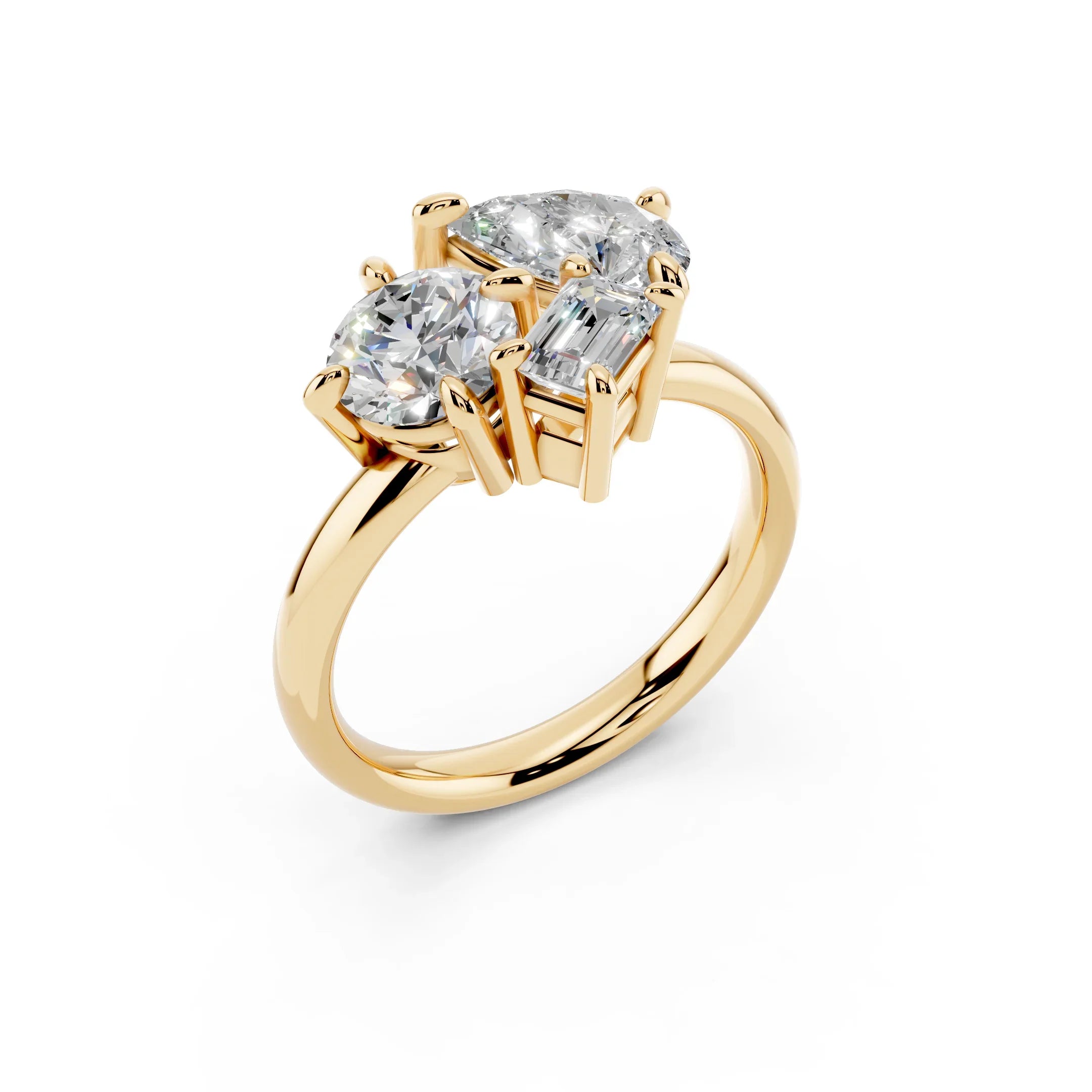 Yellow gold two-stone engagement ring with round and emerald-cut diamonds
