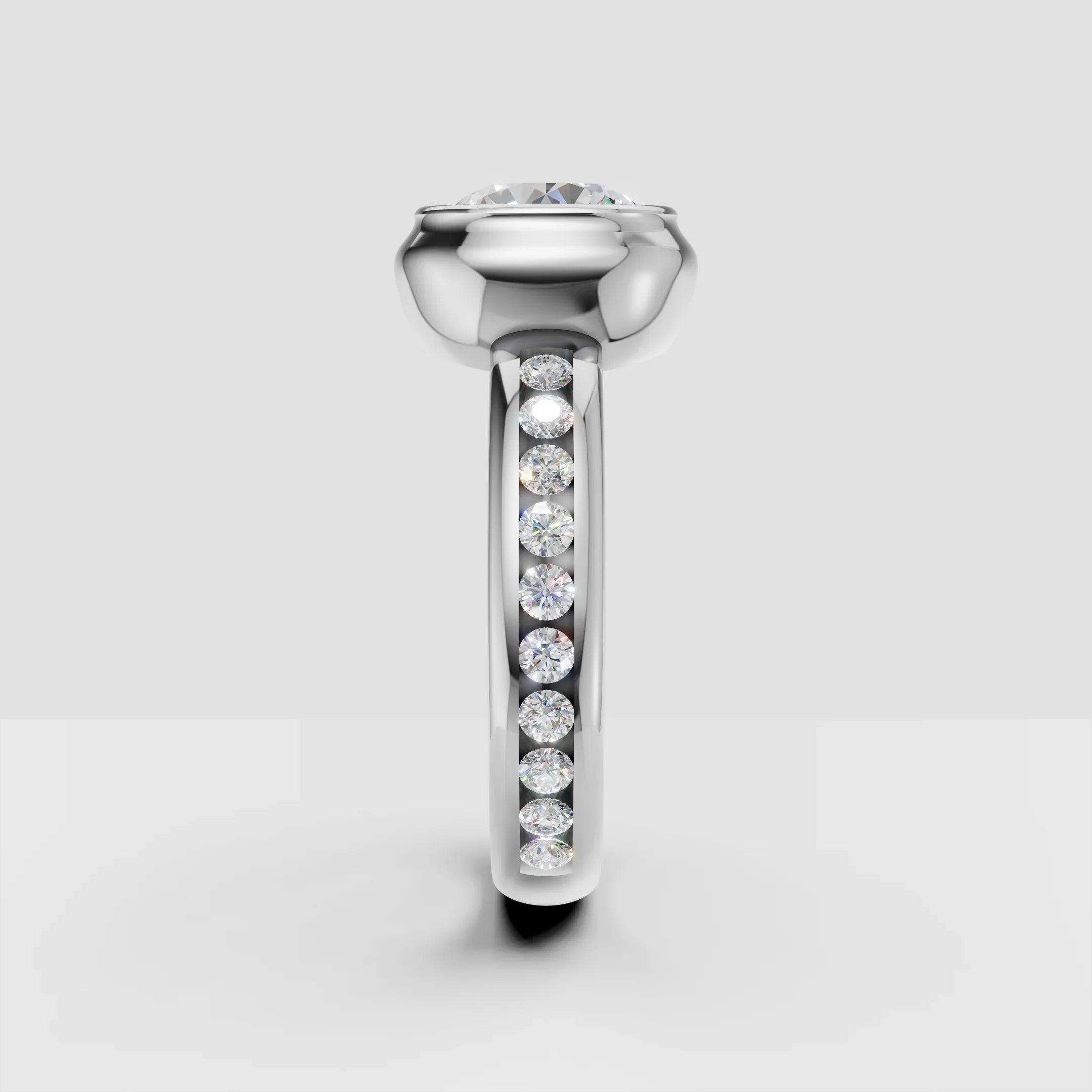 Side view of custom white gold engagement ring with round diamonds on band