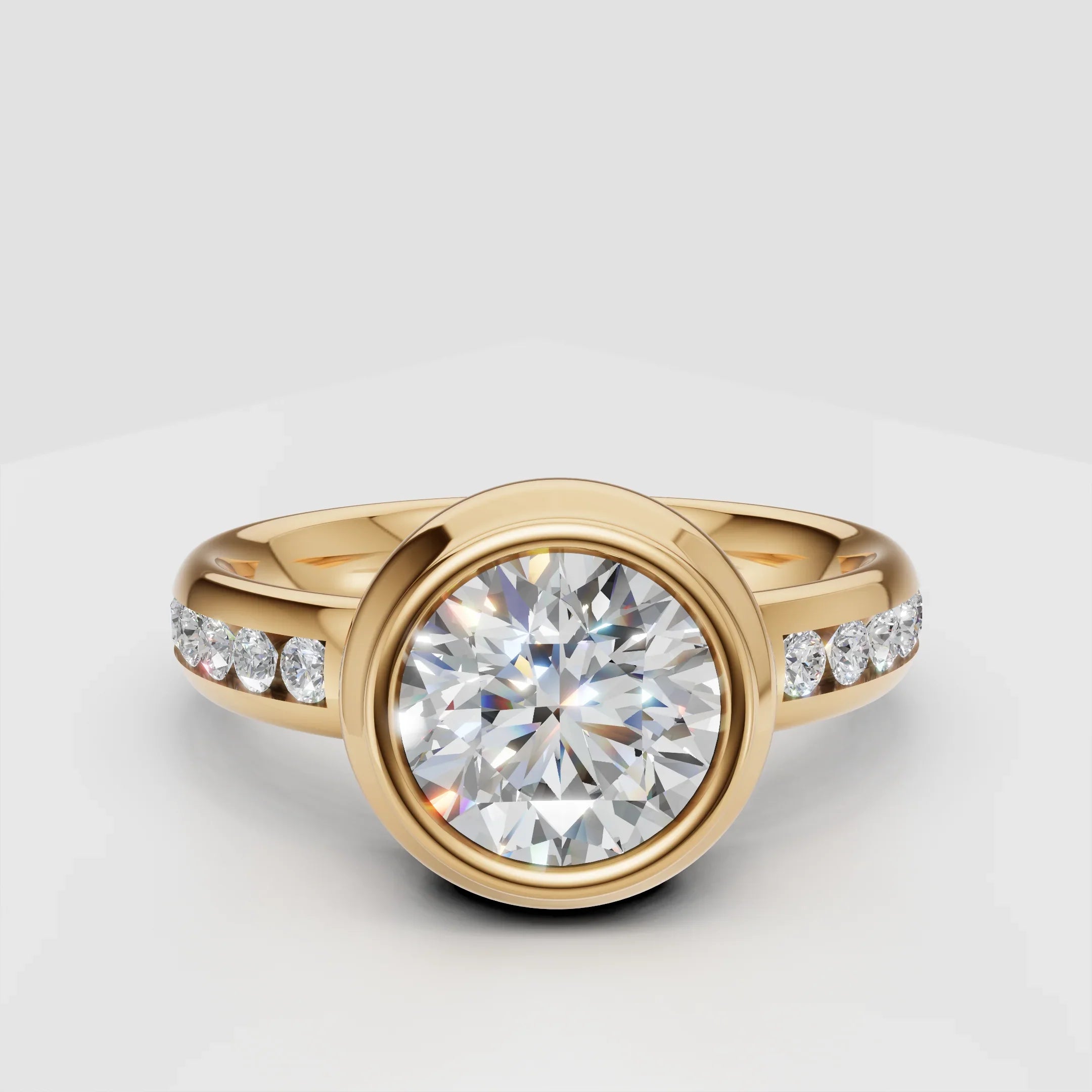 Yellow gold engagement ring with large round center diamond and pavé band