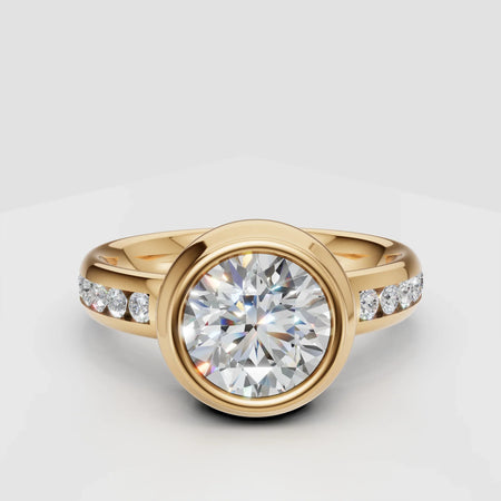 Yellow gold engagement ring with large round center diamond and pavé band