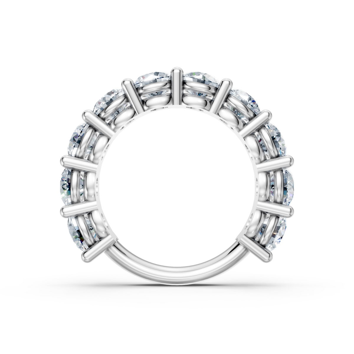 Platinum eternity band with round-cut diamonds in a unique prong setting
