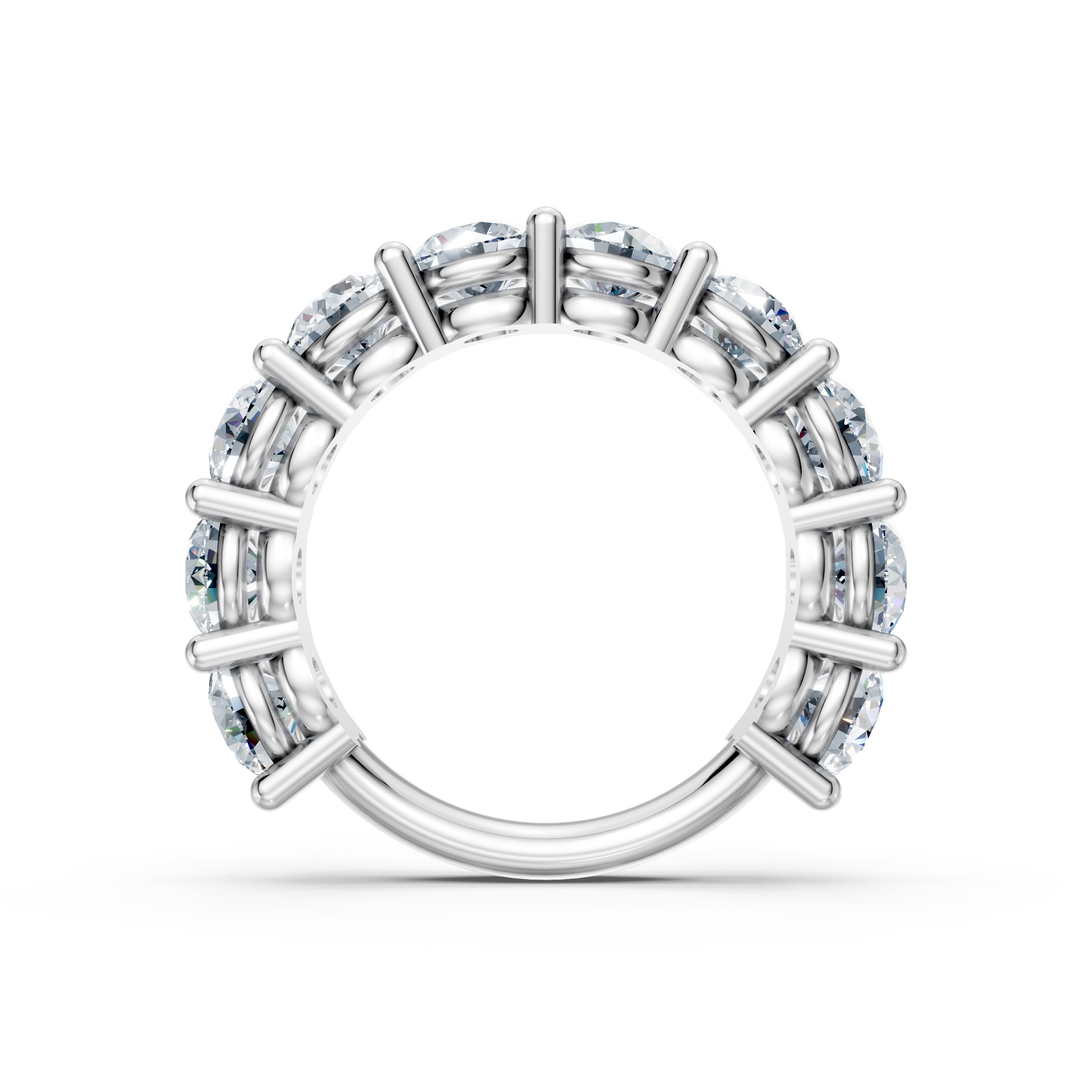 Platinum eternity band with round-cut diamonds in a unique prong setting