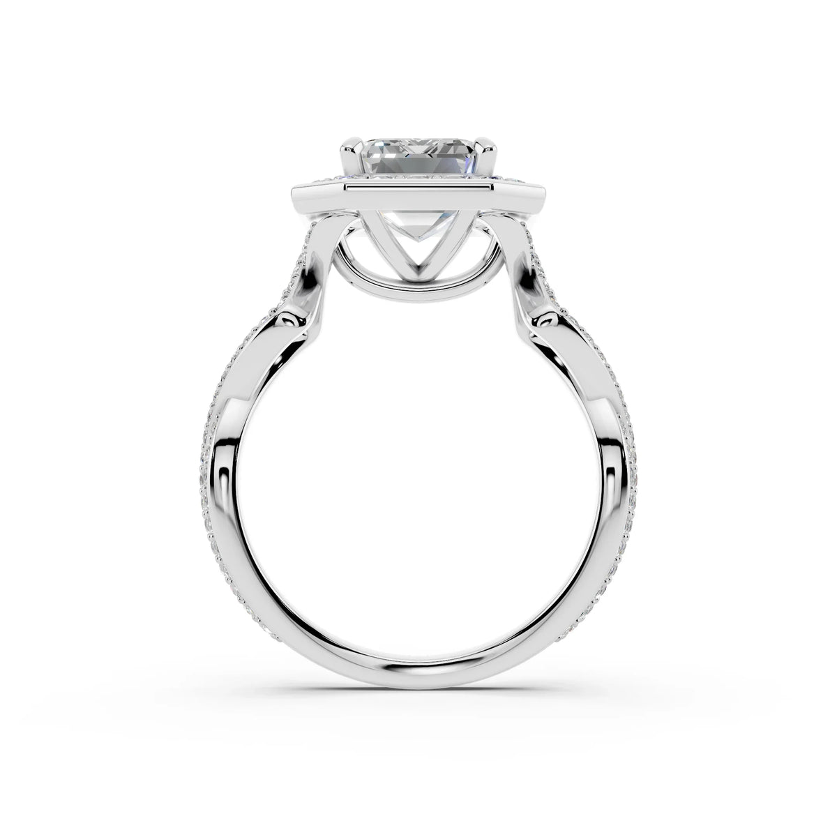 White gold solitaire engagement ring with pave band and round center stone, side view