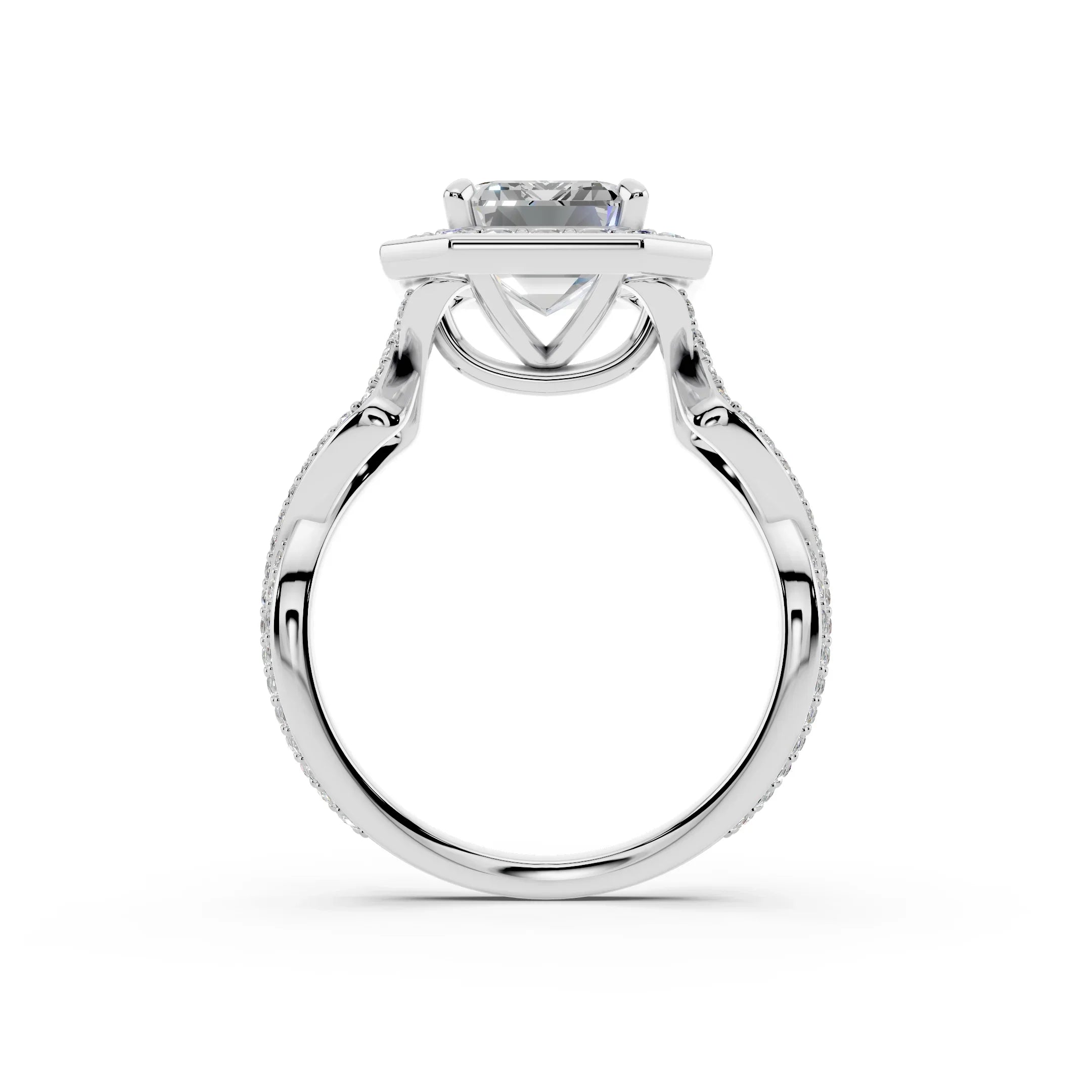 White gold solitaire engagement ring with pave band and round center stone, side view