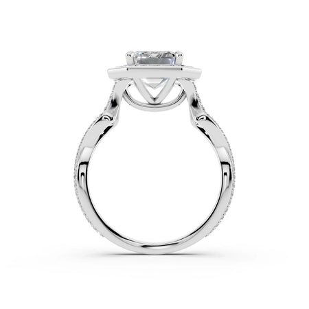 White gold solitaire engagement ring with pave band and round center stone, side view