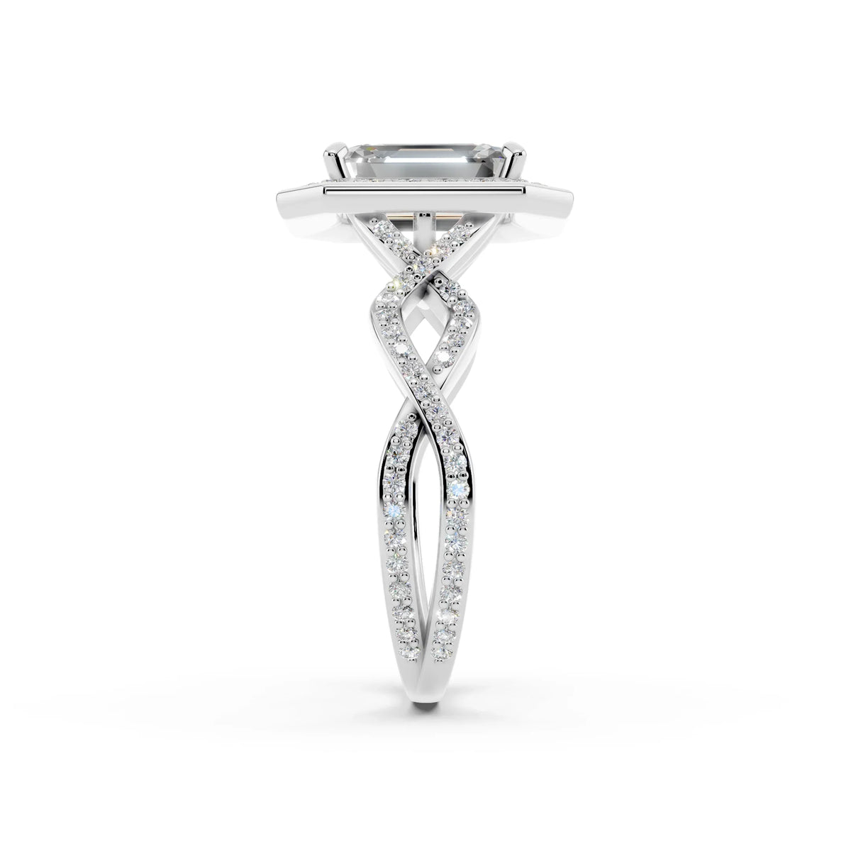Side view of a custom white gold engagement ring with intertwined diamond band