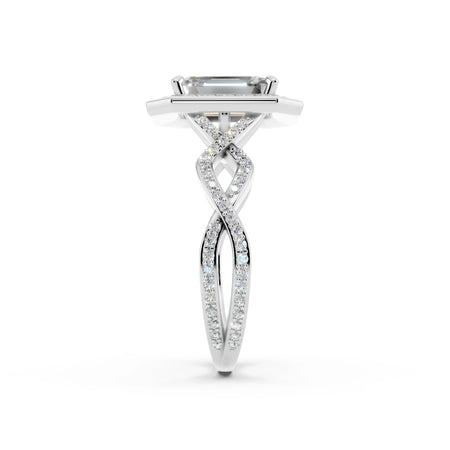 Side view of a custom white gold engagement ring with intertwined diamond band