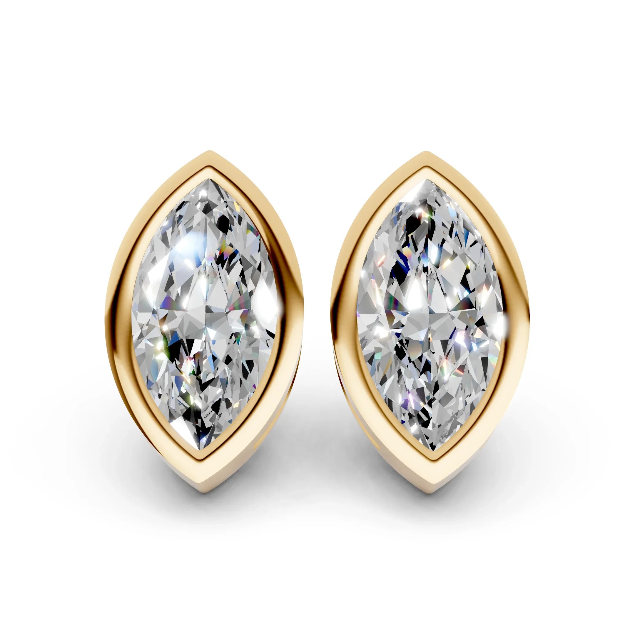 Marquise diamond stud earrings set in yellow gold, custom fine jewelry