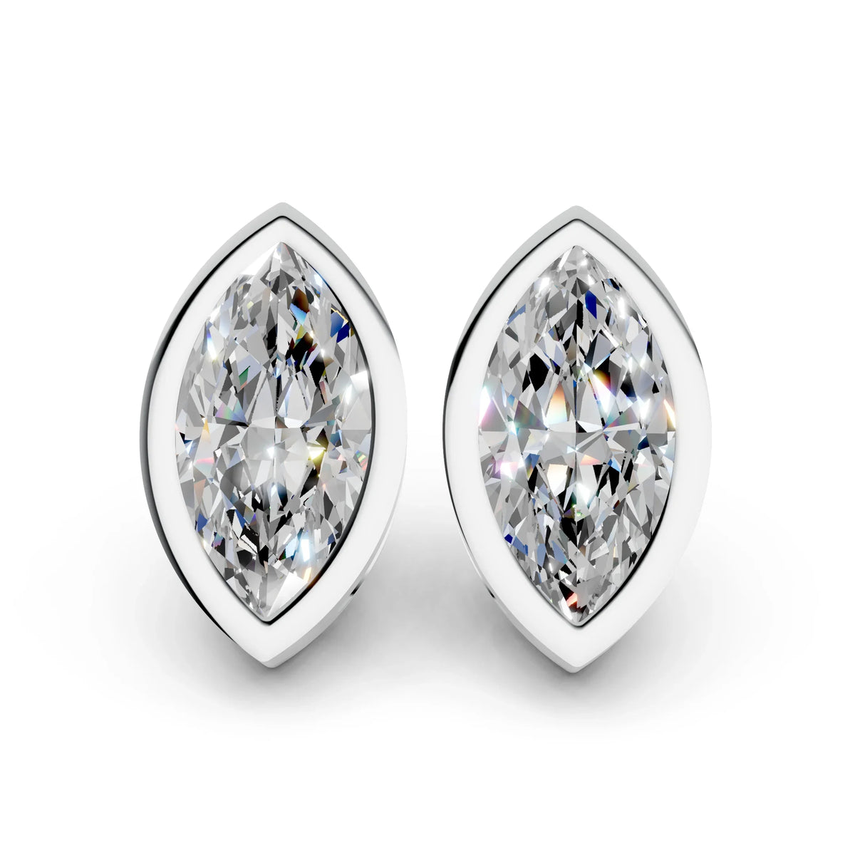 Marquise cut diamond stud earrings in white gold bezel settings on white background