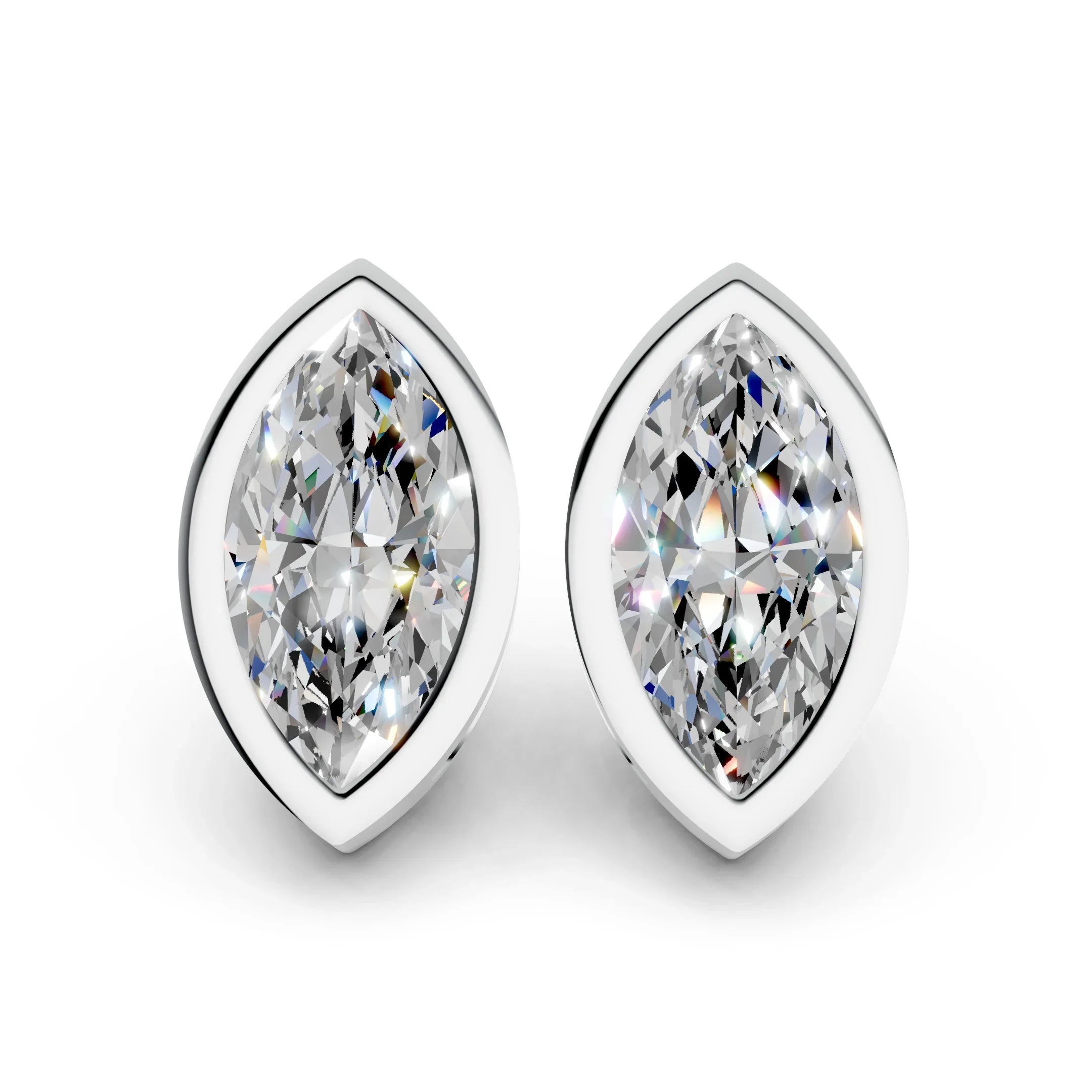 Marquise cut diamond stud earrings in white gold bezel settings on white background