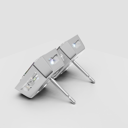 Square-cut diamond stud earrings in white gold setting on white background