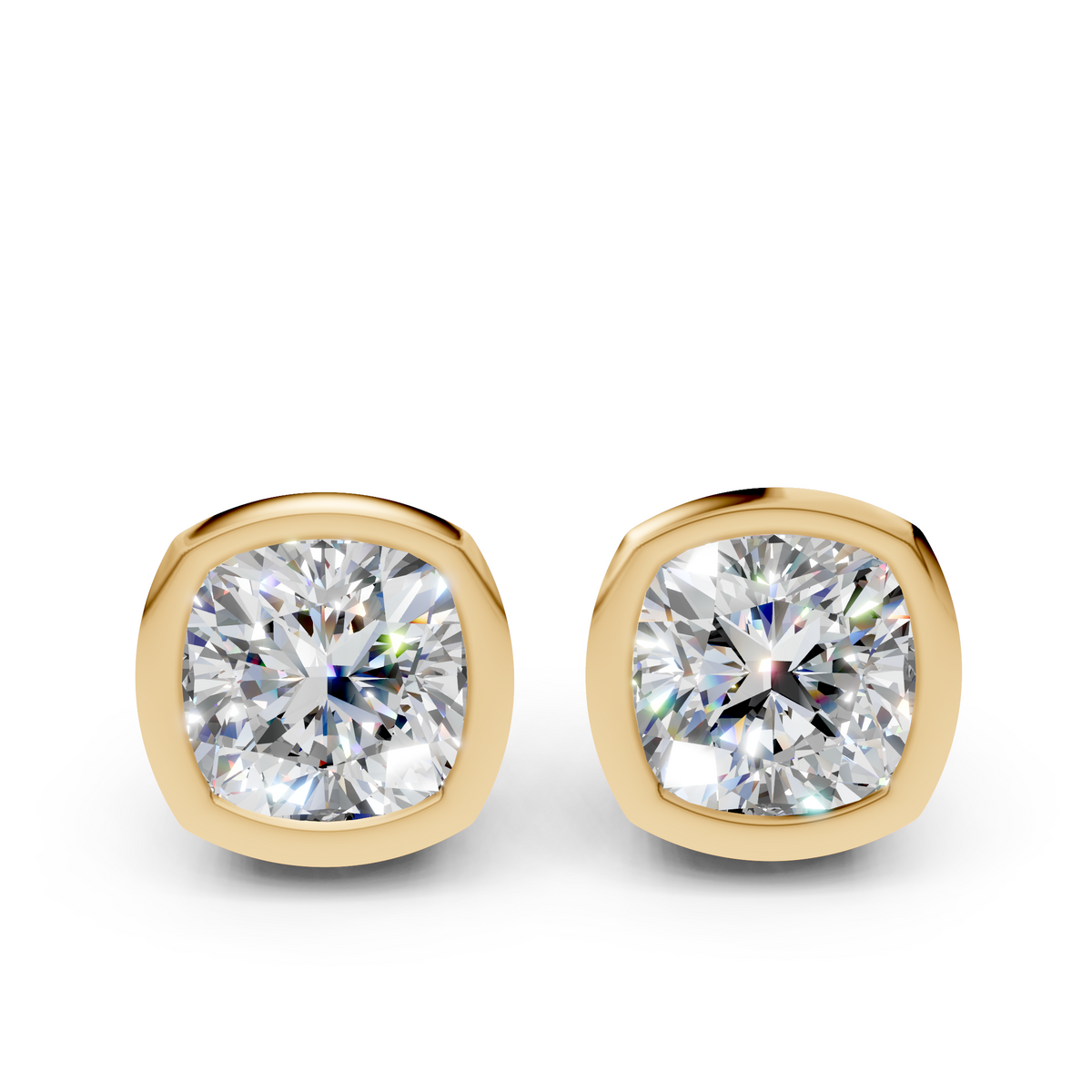 Cushion-cut diamond stud earrings in yellow gold bezel settings on white background