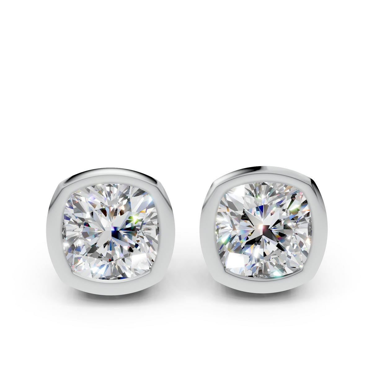 Cushion cut diamond stud earrings in white metal bezel settings on white background