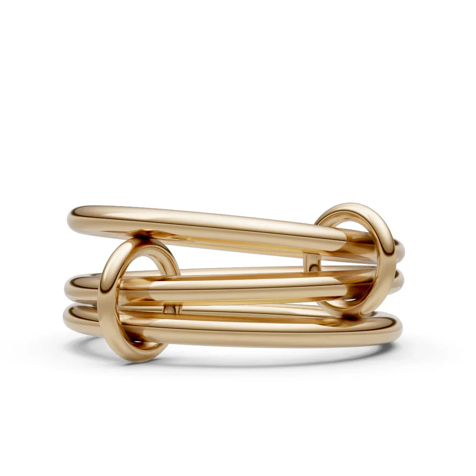 Modern gold ring with interconnected bands, minimalist custom jewelry design